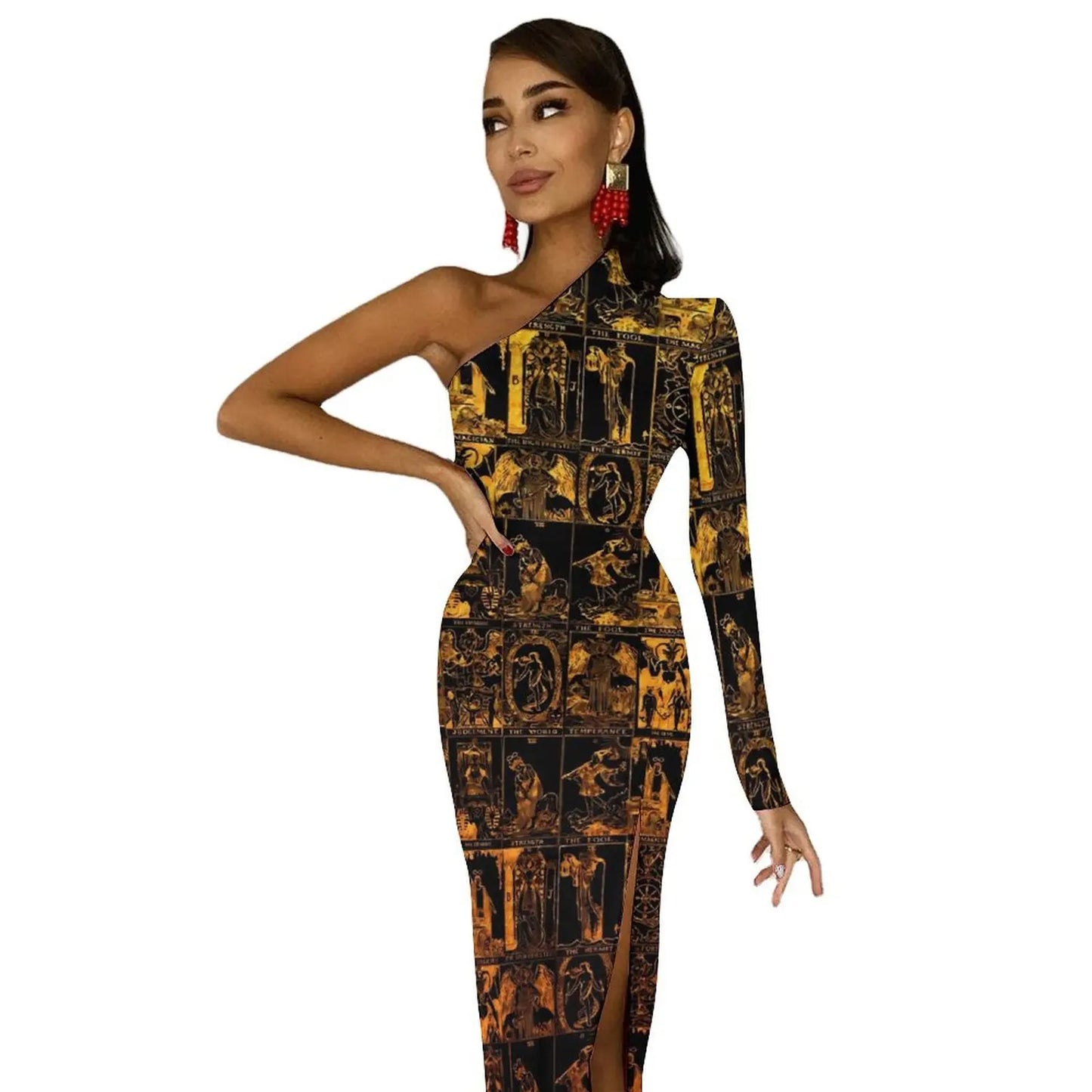 Maxy Gold And Black Tarot Bodycon Dress Women's Major Arcana Night Club Maxy Dress Long Sleeve Party Custom Dresses Birthday Present