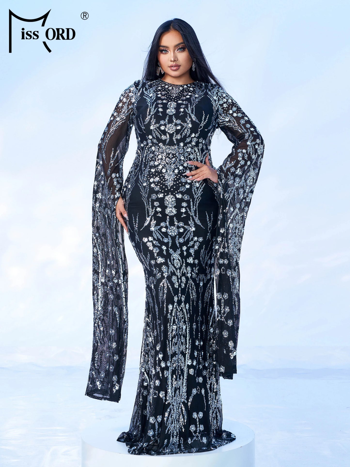 Maxy New Plus Size Church Muslim Dress Round Neck Sequin Extended Sleeve Evening Gown Formal Occasion Cocktail Ball Dresses