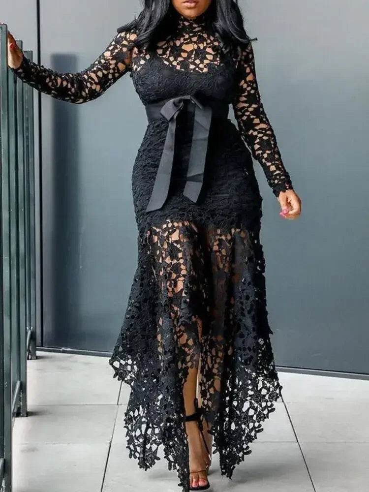 Amay Hollow Out Urban Dance Belly Latin Women Lace Irregular Dress Models Jazz Costume Long Sleeves Kpop Stage Stand Collar Vestidos