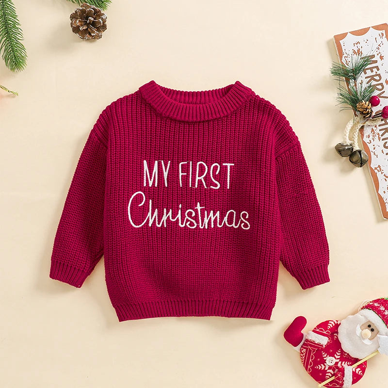 Maxy Christmas Baby Sweaters Girls Boys Knitting Clothes Fashion Winter Warm Letter Long Sleeve Kids Pullover Top Knitwear