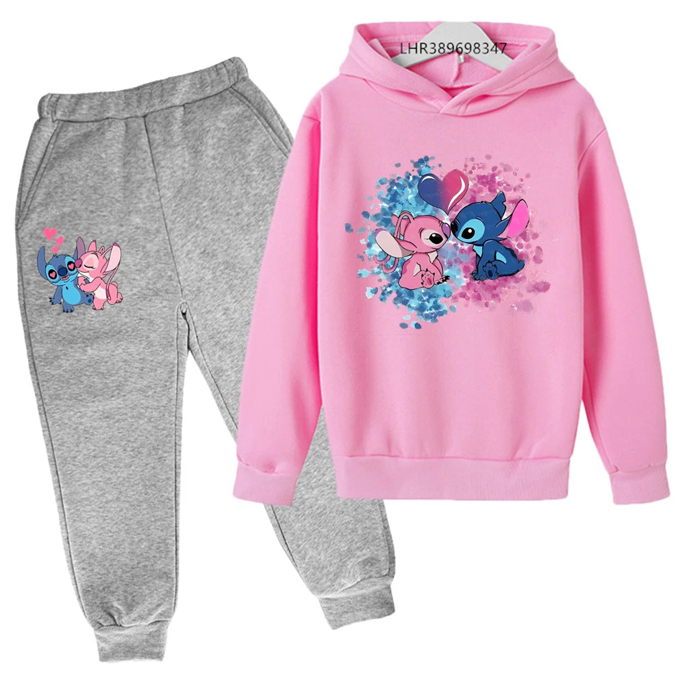 Babs Children Hoodie Stitch Cartoon Print Sweatshirt +Pants Boys Girls Toddler age 3-12 Girls Clothes Pullover Sport Kids Set