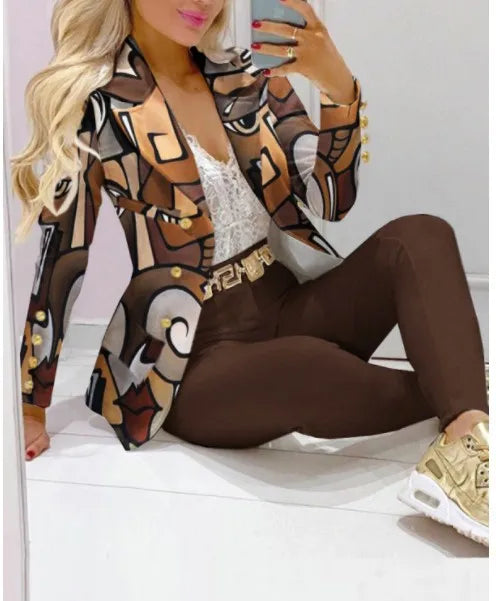 Maxy Fashion Butterfly Print Blazer Suit and Pants Two Piece Set for Women Autumn Winter Outfit Office Lady Casual Clothing