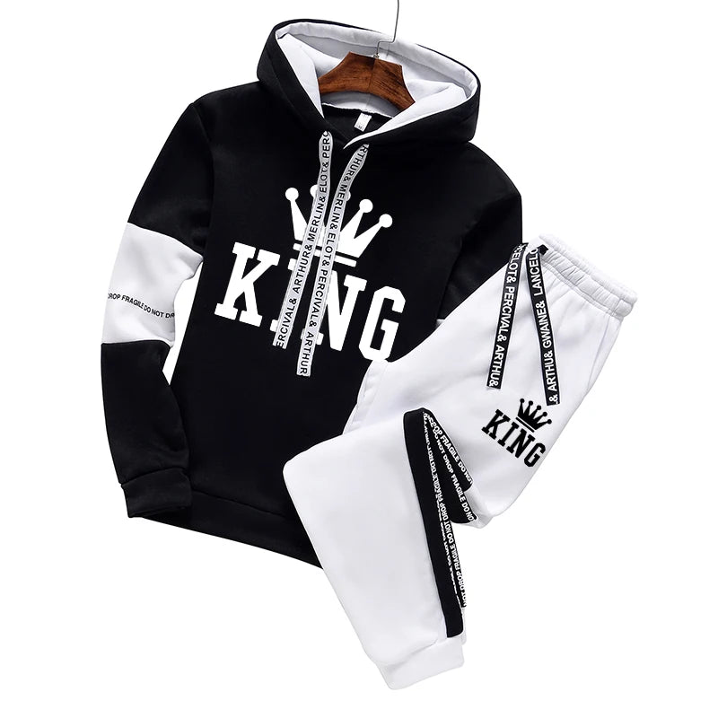 Visco King Printing Mens Tracksuit Casual Hooded Sweatshirt +Sweatpant 2 Piece Set Gym Sports Jogging Clothing AutumnWinter Outfit