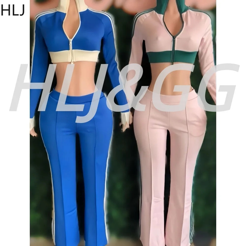 Maxy HLJ Autumn New Patchwork Sporty Two Piece Sets Women Zipper Long Sleeve Crop Top And Pants Outfits Fashion Stripe 2pcs Tracksuit