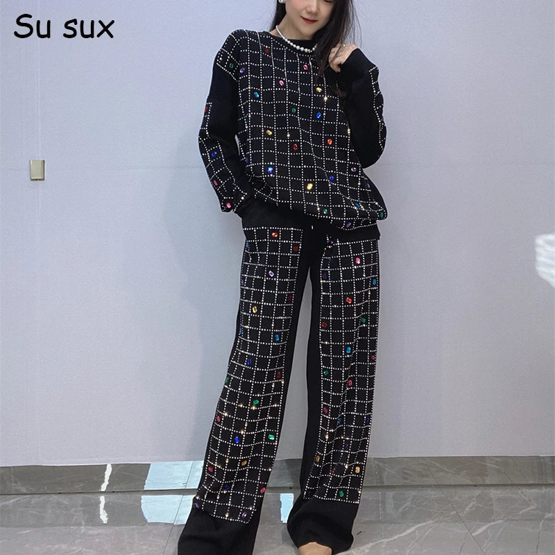 Maxy Sequins Knitted Wide Leg Pant Sets 2 Pieces Women Autumn Winter Casual Pullover Long Sleeve Sweater Outfits Y2k Clothes