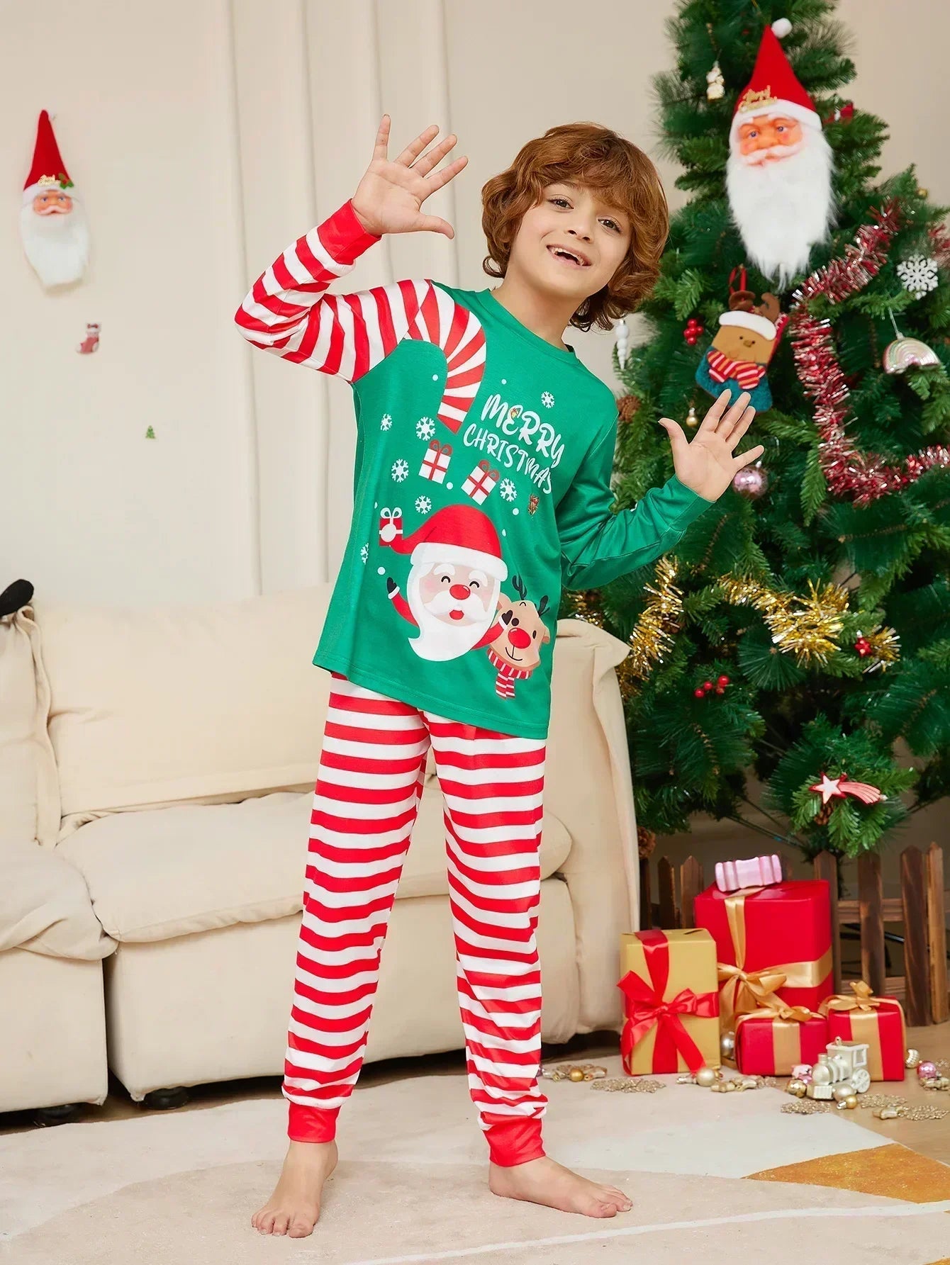 Merry Christmas Cartoon Striped Print Family Pajamas Set Mom Dad Kids Matching Clothing Sets Baby Dog Romper Xmas Look Pyjamas