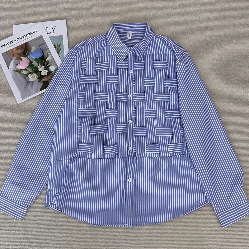 Maxy Women Plus Size Shirt Long Sleeve Blue Hollow Out Polo Collar Blouse Loose Fashion Patchwork Female Shirts Chic Top New