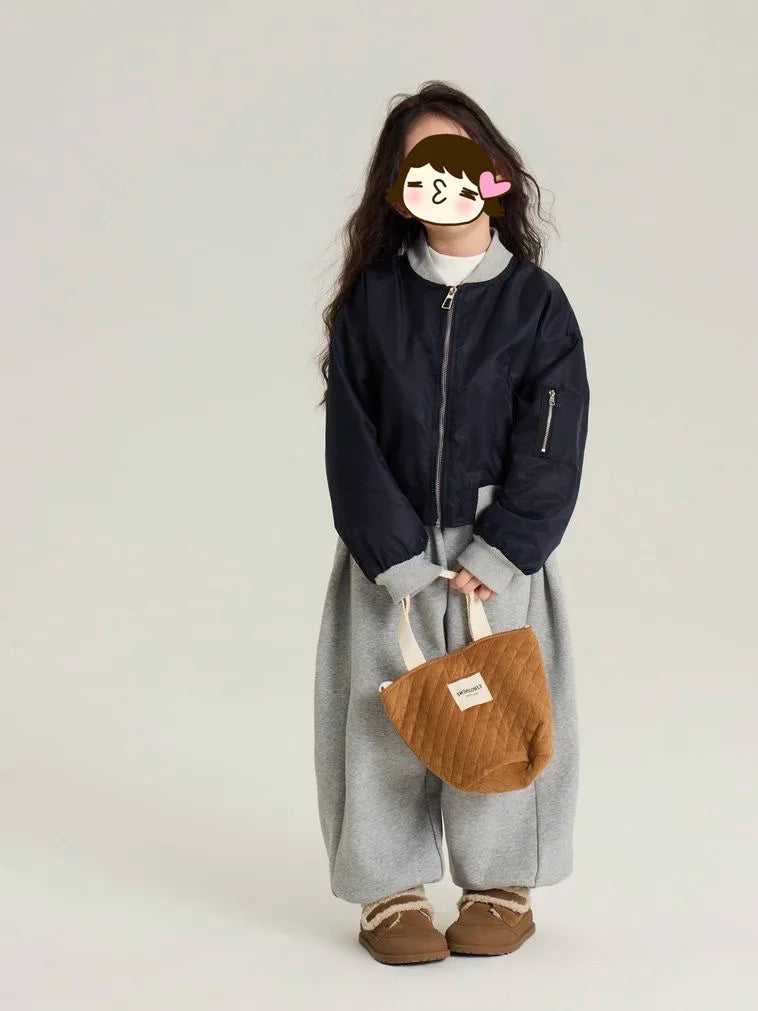 Maxy Girls Suits New Winter Padded Cotton Coat and Fleece Thick Gray Pants Two-piece Set Clothes Korean Simple Style Suits