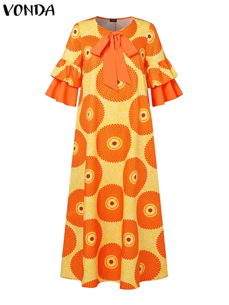 Maxy Plus Size 5XL Bohemian Women Printed Maxy Dress Elegant Vintage Sundress Casual Bow Flare Sleeve Long Shirt Vestidos