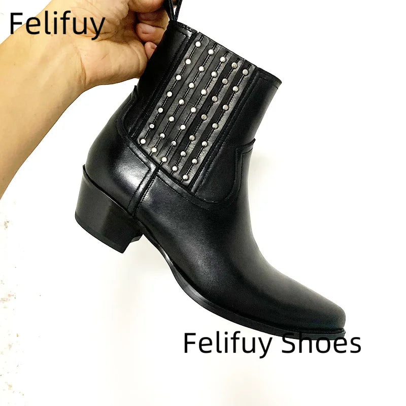 Maxy Studded Chelsea Boots Men Black Ankle Boots Luxury Designer Real Leather Men Booties Handmade Luxury Botas Thigh High Boots