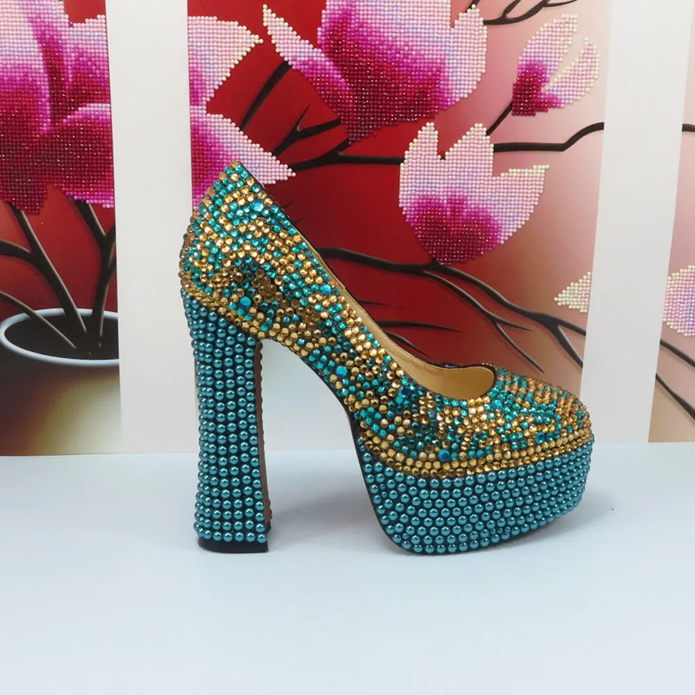Maxy Fashion Teal Blue Mix Color Wedding Shoes and bag Set Woman 14CM High Pumps Thick Heel Party Shoes Matching Bag Round Toe Pumps