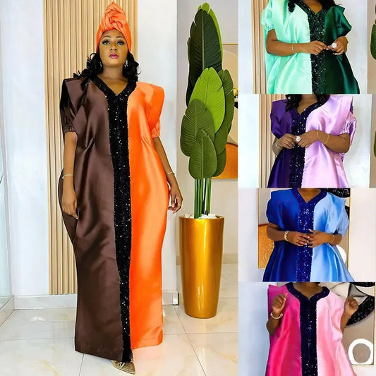 Maxy Dresses for Woman Satin Muslim Dress Scarf Abaya Dubai Turkey Kaftan Marocain Caftan Loose Boubou Robe Ankara Dashiki