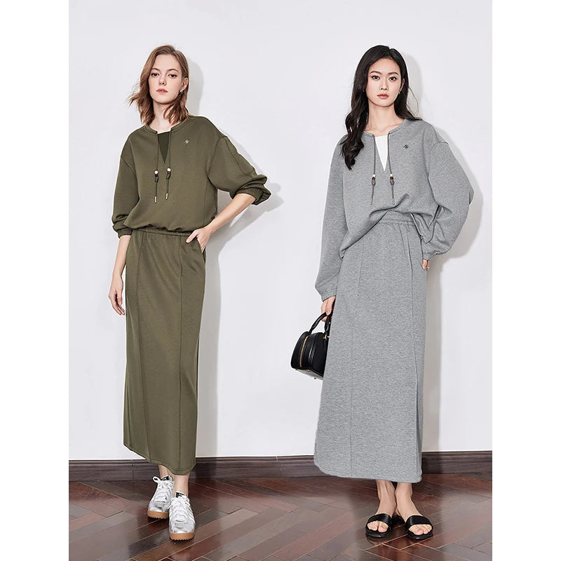 Maxy Two Piece Suit Spring New Hooded Sweatshirt With Mid Length Skirt Women Sports Casual Fashion Sets