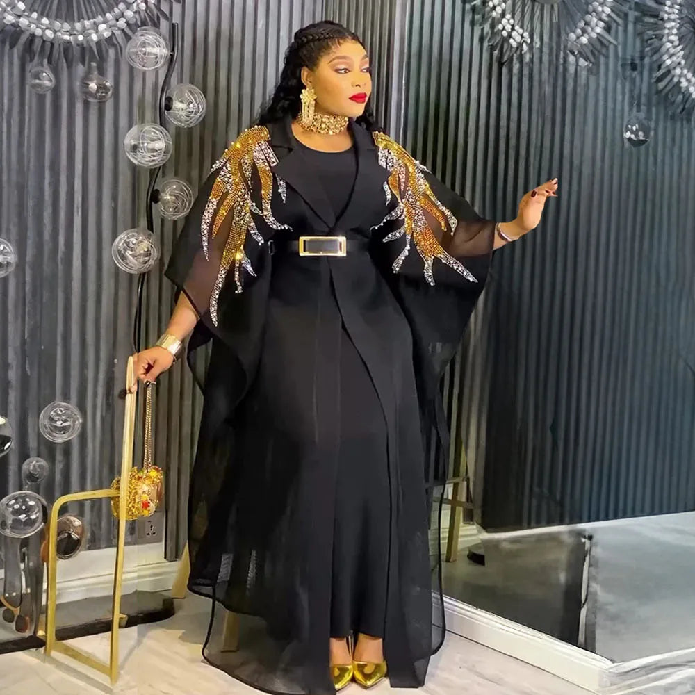 Maxy Luxury African Dresses for Women Plus Size Boubou Two Piece Set Africa Clothes Crystal Dashiki Long Dress Party Evening Gowns