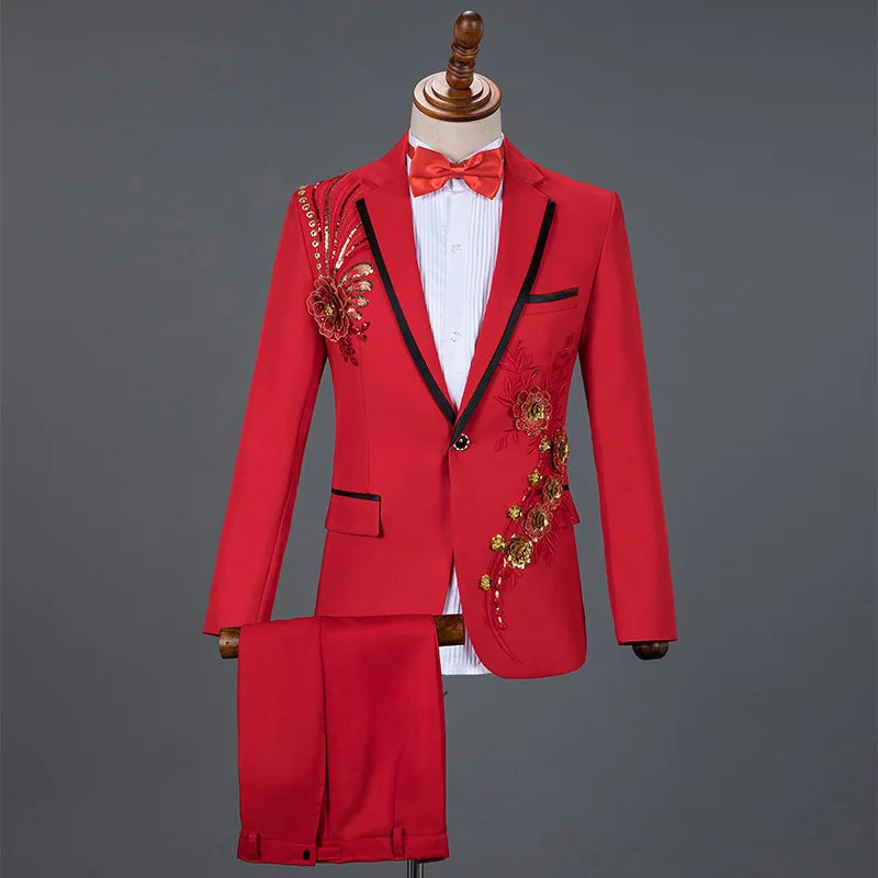 Amay Royal Blue Sequin Embroidery Suit Men Wedding Groom Tuxedo Suits Pants Mens One Button Peak Lapel Stage Costume Traje Hombre 2XL