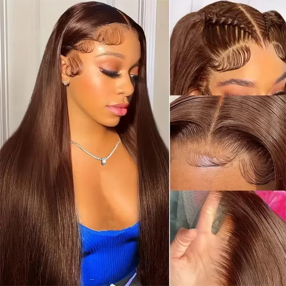 #4 Chocolate Brown Lace Front Wig 13x6 HD Transparent Lace Frontal 200 Density Silky Straight Pre Plucked Bleached Ready To Wear