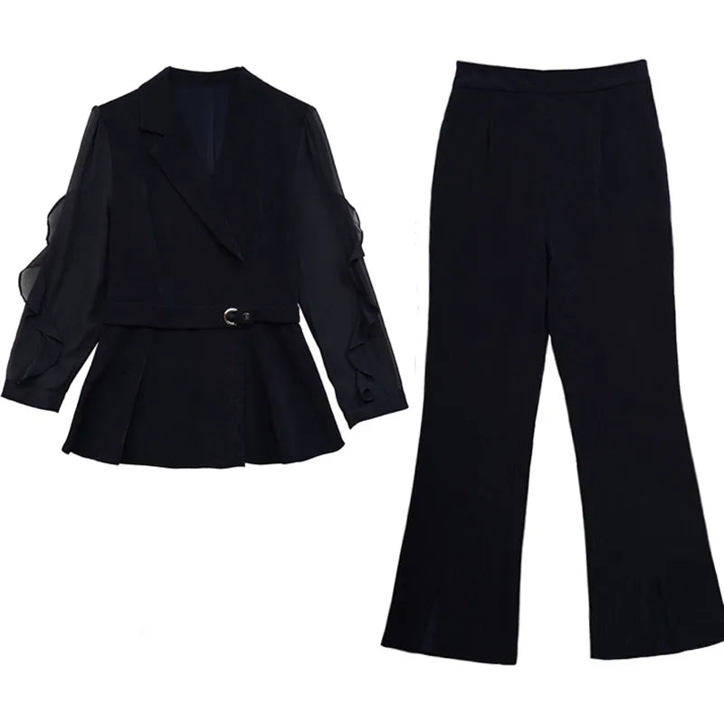 Maxy Women Oversize Solid Pants Sets New Spring Clothes Elegant V-Neck Long Sleeve Tops High Quality Female 2Pcs Outfits Suits