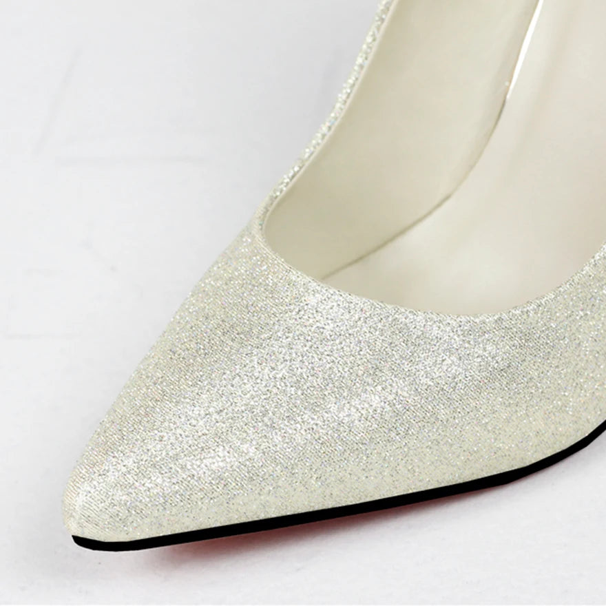 Amay new Women Carved Metal Heels Wedding Elegant Women Pumps Red Gold Solid Flock/PU Shallow Pointy Toe Dress High Heel Shoes Woman Autumn