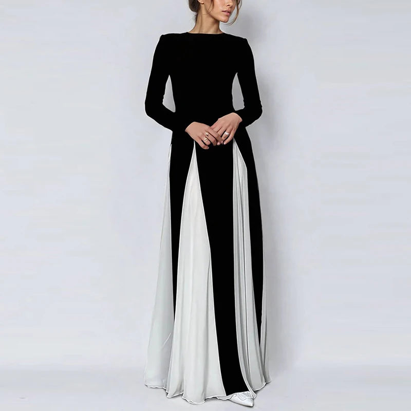 Amay Women Crew Neck Long Sleeve Maxi Dress New Winter Splicing Party Dress Elegant Lady Contract Color Full Length Club Dress