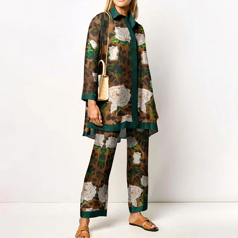 Maxy Autumn New Loose Vintage Printed Pant Sets Women Long Sleeve Shirts And Wide Legs Trousers Two Piece Set Fashion Streetwear