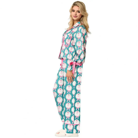 Women Pajama Set Women Lounge Set Festive Santa Print Christmas Pajamas Set with Satin Cardigan Top Wide Leg Pants for New