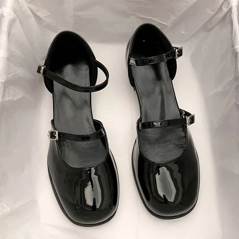 Maxy Shoes Buckle Pumps Women Thick Heels Elegant Shallow Square Toe Footwear Party Office Lady Leather Loafers Shoes