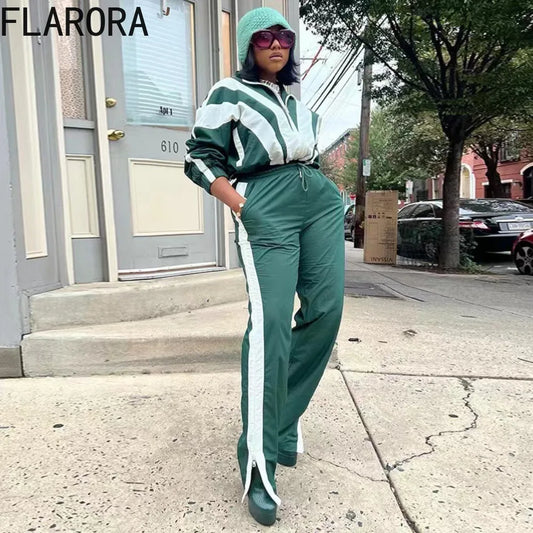 Maxy Autumn Contrast-color Women Tracksuits Casual Zipper Fly Coat And Side Stripe Jogging Pants Women's Two Pieces Set