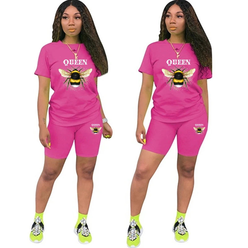 Zay Women Two Piece Set Summer Short Sleeve O-Neck Tee Tops Pencil Shorts Suits Tracksuits Outfit Graphic T Shirts Jogging Suits