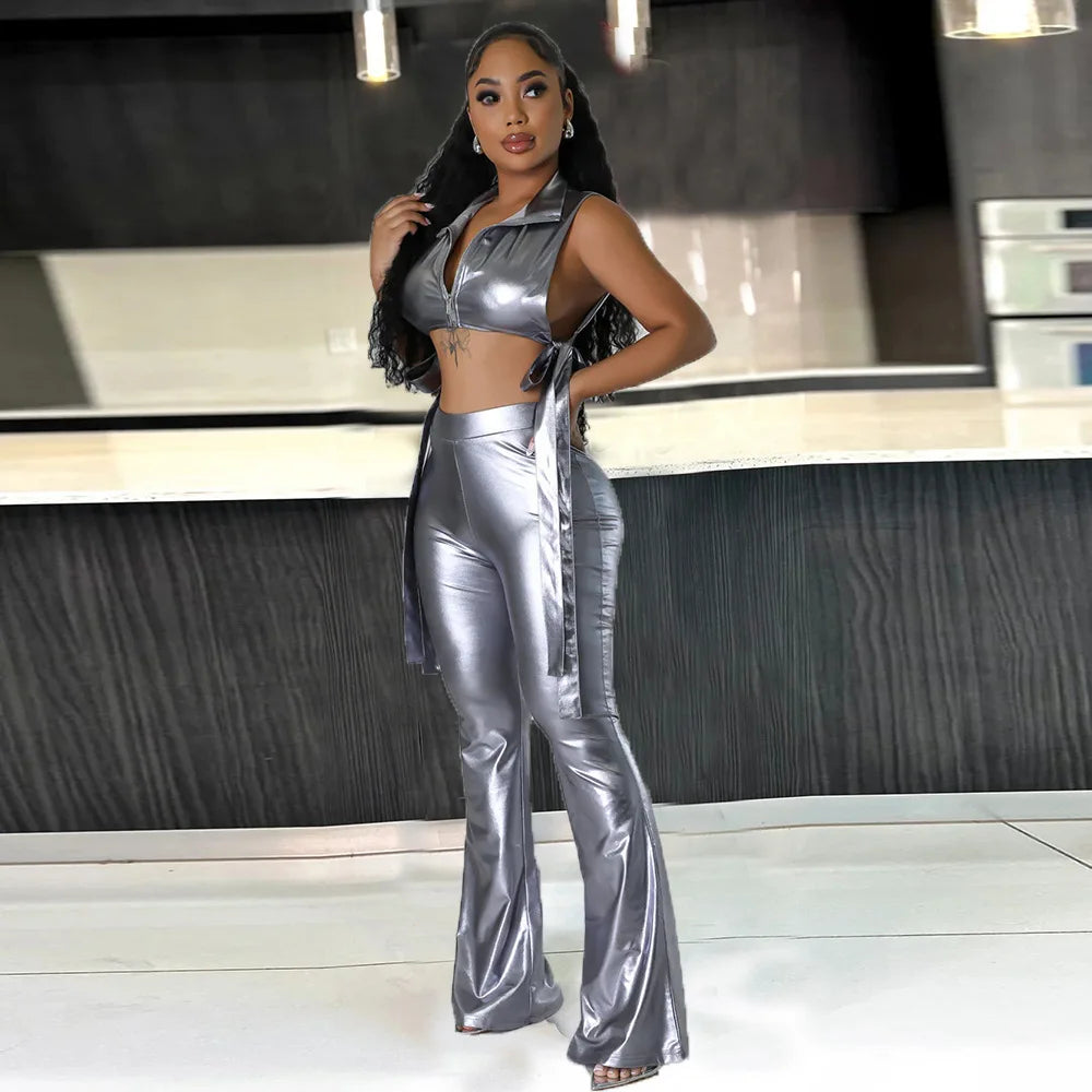 Maxy Women Metallic Gilding Slim Hipster 2 Piece Set Side Hollow Out Bandage Zipper Short Vest Flare Pants Casual Streetwear Outfits