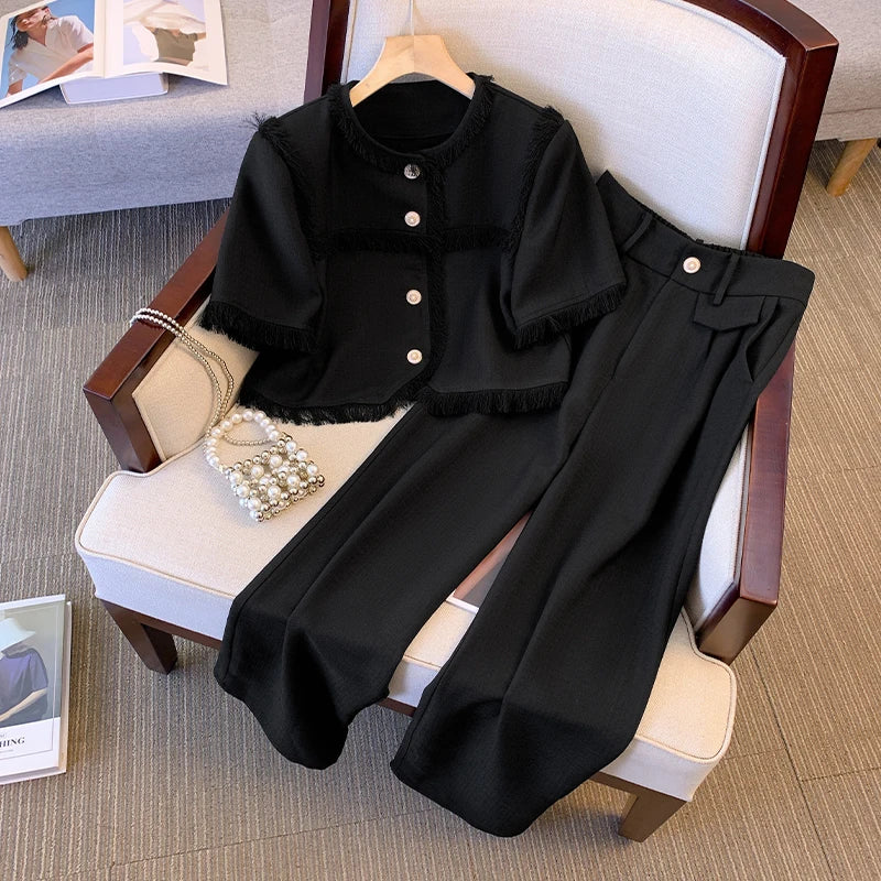 Maxy Women Fragrance Vintage Tassel Pant Suit Shirt Top And Trousers Two Piece Set Summer Matching Outfit Formal Occasion Cloth