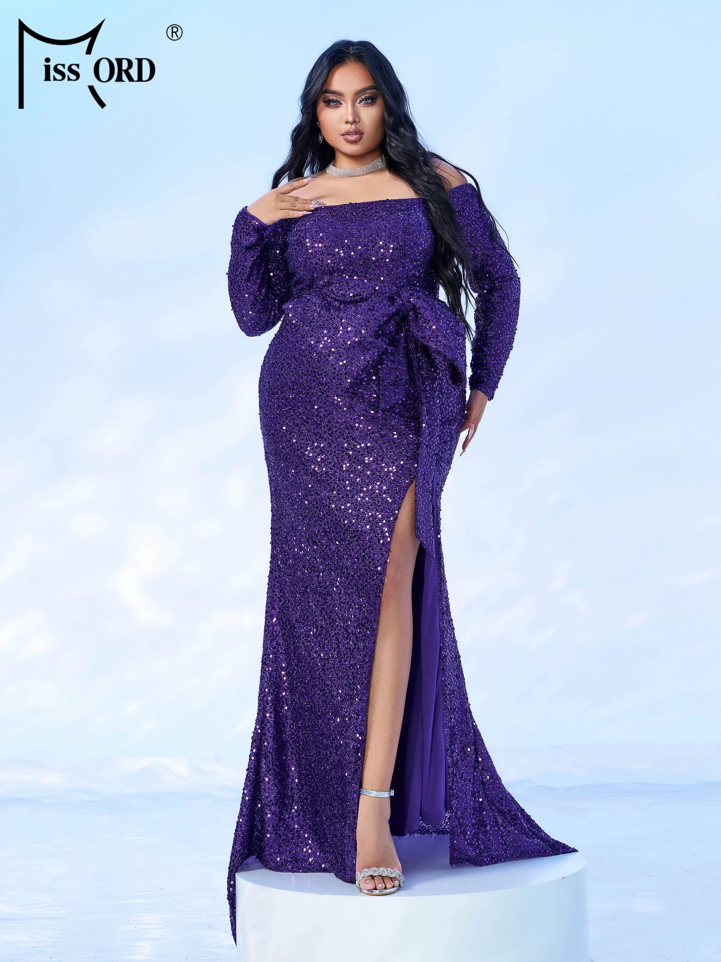Maxy Plus Size Off Shoulder Long Sleeved Sequin Split Evening Gown Wedding Birthday Party Large Size Floor Length Dress
