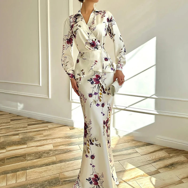 Maxy Ladies V-neck Long Sleeved Top and Skirt Two Piece Sets Spring Fashion Floral Print Slim Fit Suit Elegant Lace Up Party Outfits