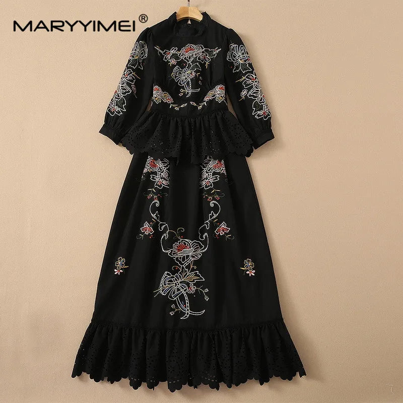 Maxy Fashion Designer dress Spring Autumn Women's Dress Stand collar Flowers Embroidery Hollow out Ruffles Dresses