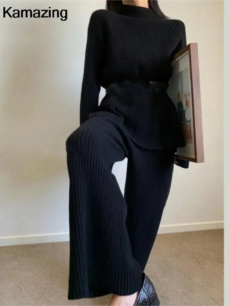 Amay Women's Knitted Two Piece Set Thick Sweater Tracksuits Autumn Winter Casual Pullover Wide Leg Pants Suit Harajuku Female Clothes