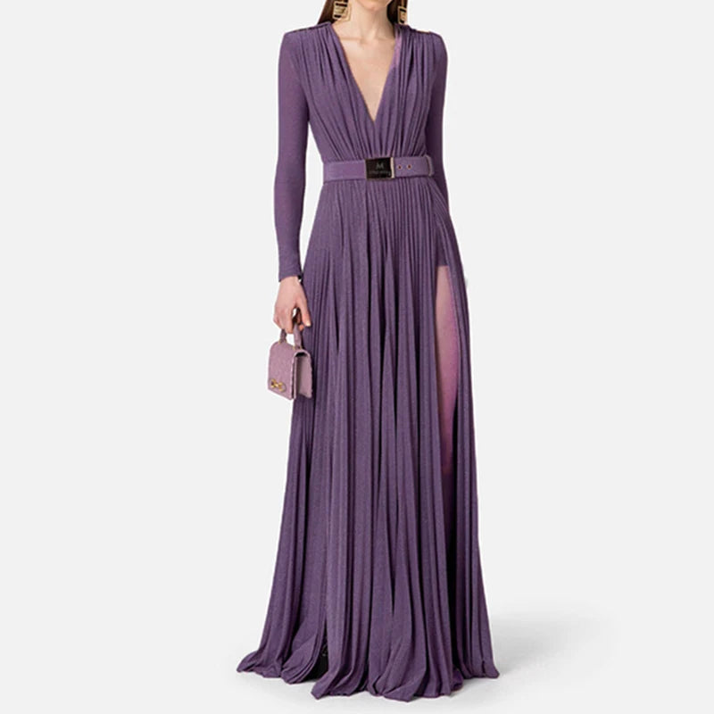 Maxy Women Fashion High Waist Slim Solid Long Dress Elegant Long Sleeve Party Dress Sexy Deep V-neck Draped Solid Evening Dress