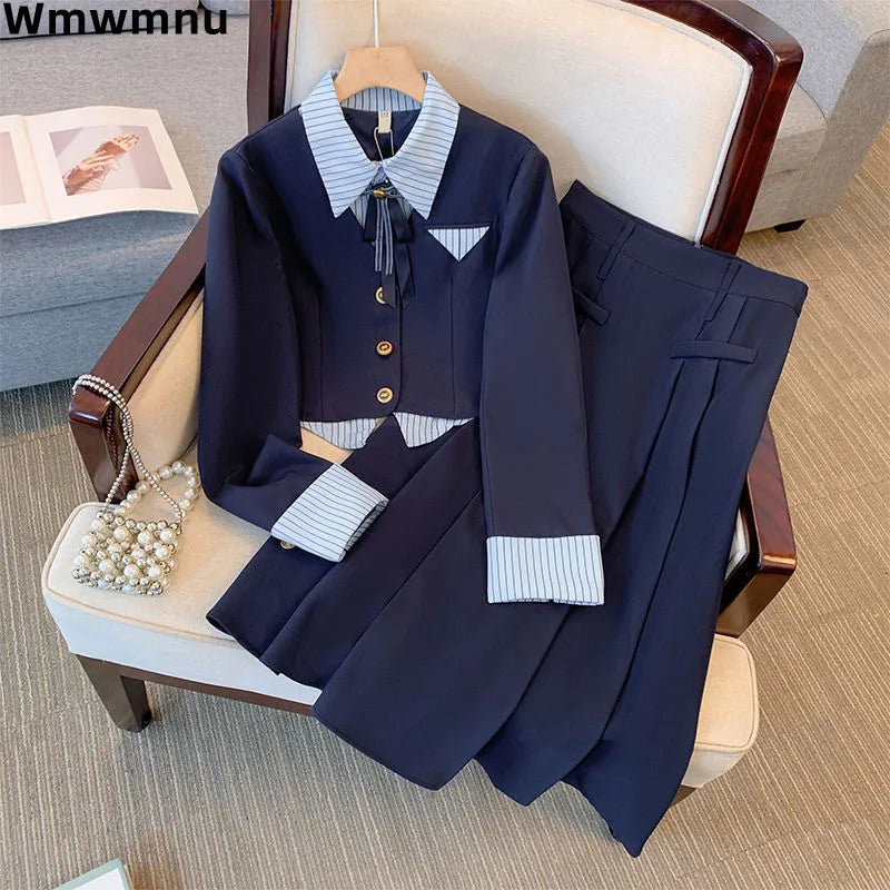 vintage women two piece sets casual single breasted short shirt jackets coats tops elegant high waist loose long skirt conjunto