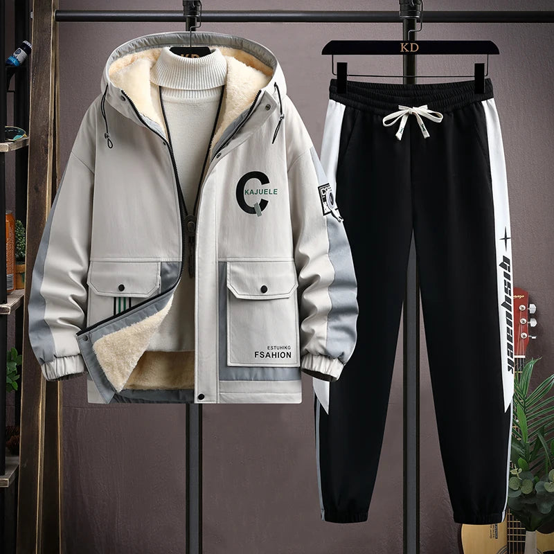 Winter Fleece Thicken Casual Tracksuit Sets Korean Trend Hooded Patchwork Set Autumn Warm Sportswear Jacket+Trousers 2pc Suits