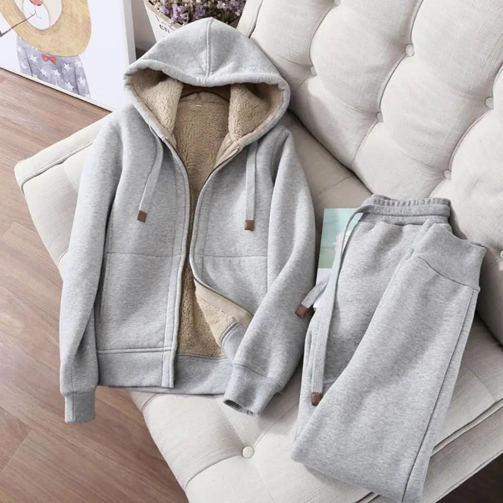 Maxy Women's Sweatshirt Pants Suit Autumn and Winter Warm Long-sleeved Fleece Thick Hoodie Coat Jogger Pants Sportswear Two-piece Set