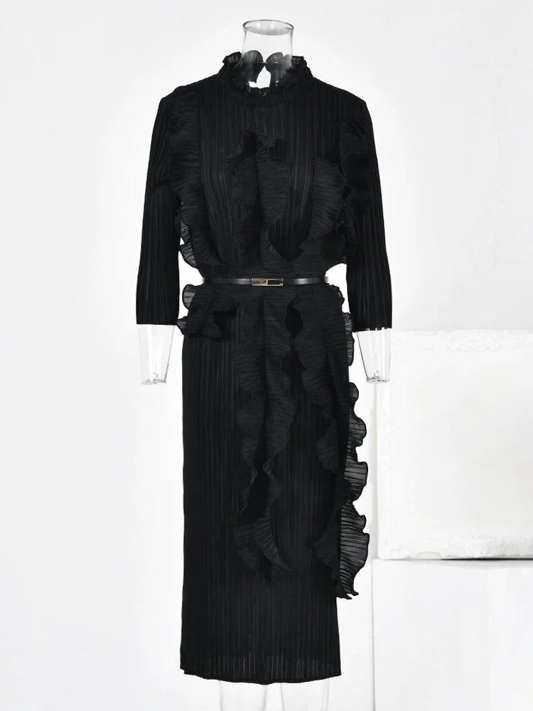 EGRM Ruffles Pleated Miyake Dress For Women 2024 New Solid Stand Collar Long Sleeves Ladies Party Dresses With Belt 5RM6218