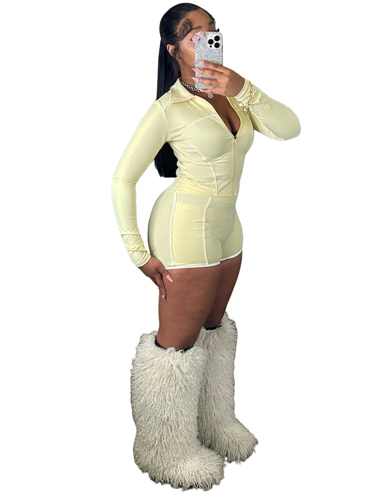 Women's 2-Piece Short Pants Sets Solid Color Women Tracksuit Winter Yoga Set Long Sleeve Gym Training Clothes Yoga Tight Jacket