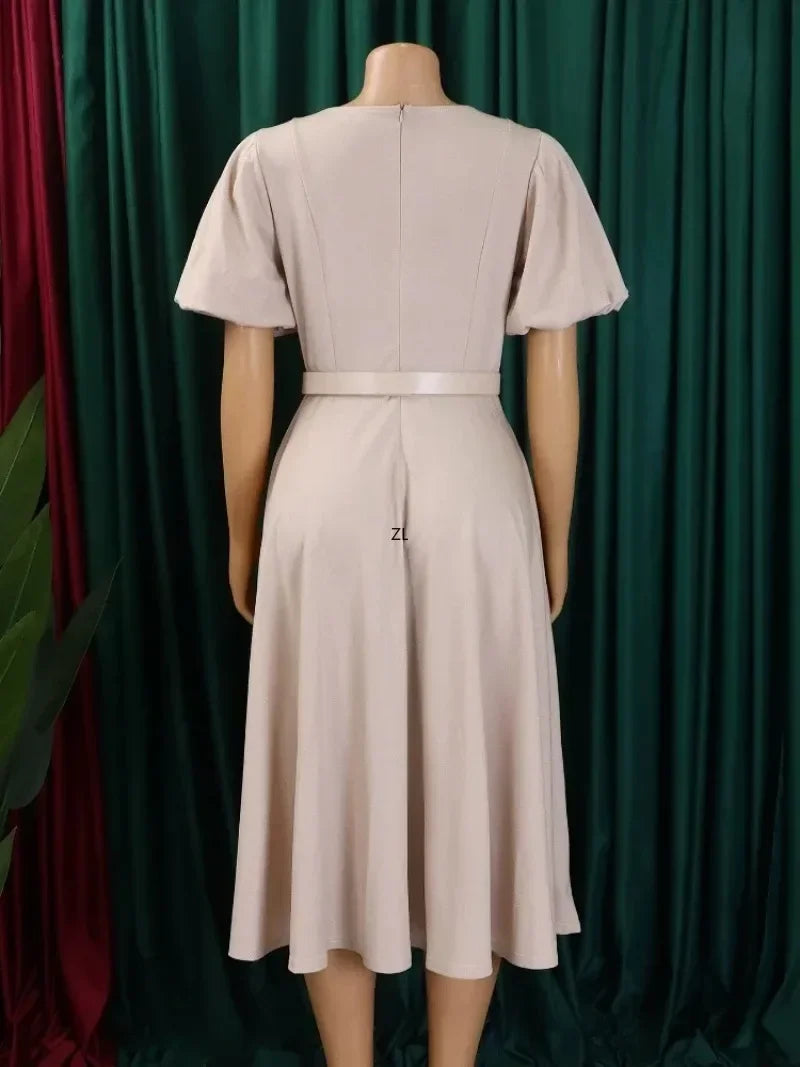 Amay Women's Long Dress Classic New Commuter Round Neck Temperament Elegant Cinched Waist Bubble Sleeve A-line Dress Retro OL