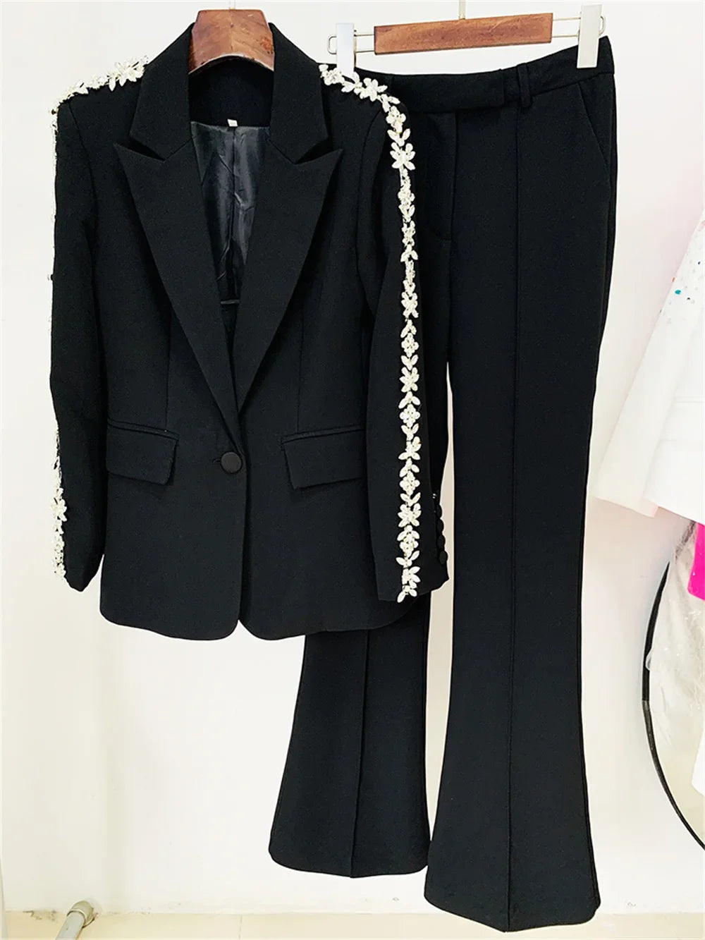 Maxy Luxury Women Formal Pants Set Black White Diamond Crystal Slim Fit Blazer Flare Pants Suit Office Lady Business Two Pieces Sets