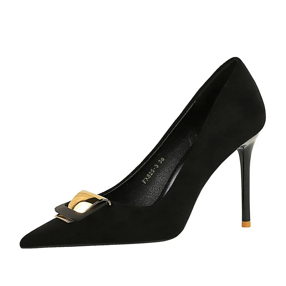 Amay BIGTREE Shoes Metal Buckle Decoration Women Pumps Suede High Heels Ladies Shoes Stilettos Luxury Women Heels Shoes Large Size 43