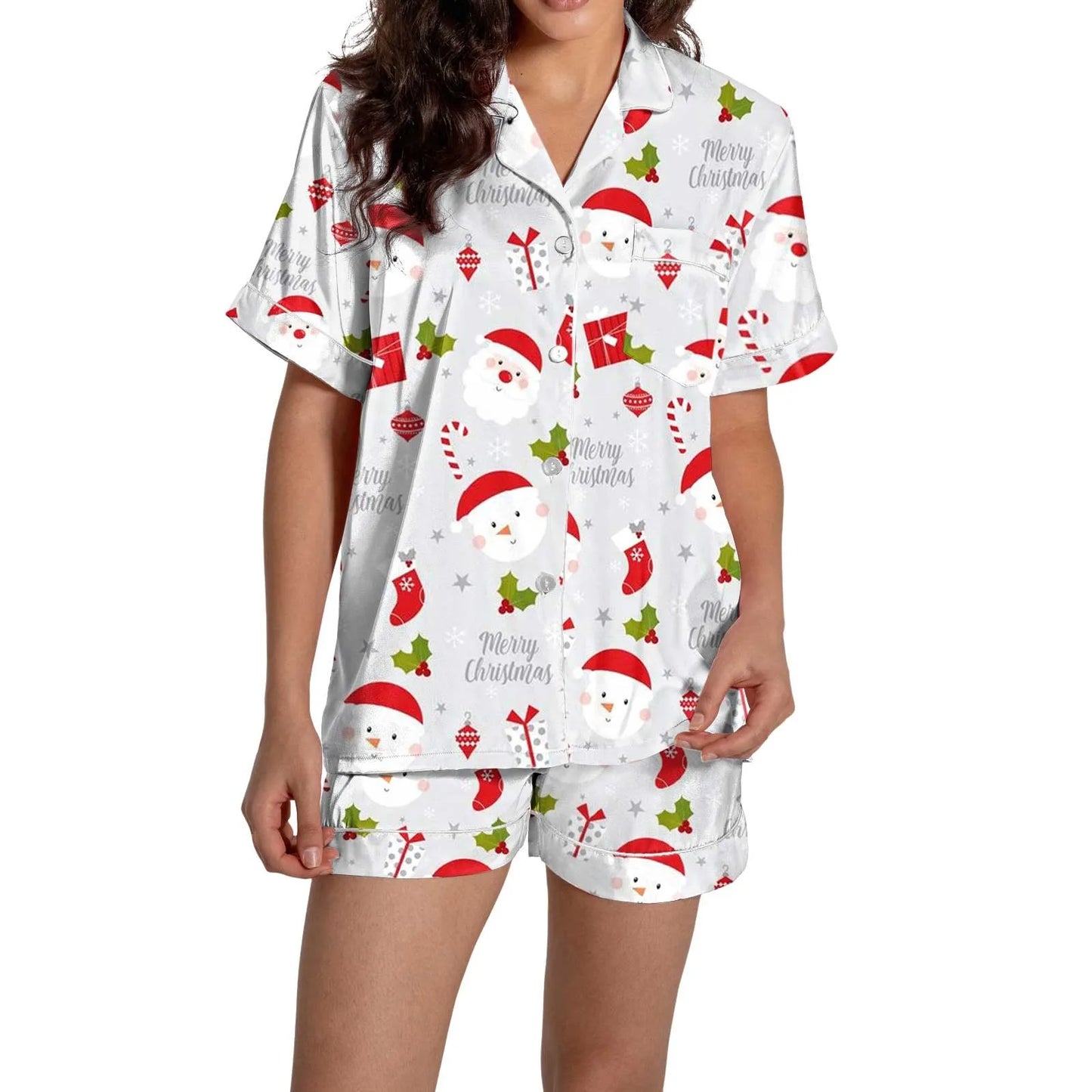 Christmas Graphic Print Women's Button-Down Shirts Pajamas Shorts Set Causal Women‘s Silk Satin 2 Piece Homewear Shorts Set Soft