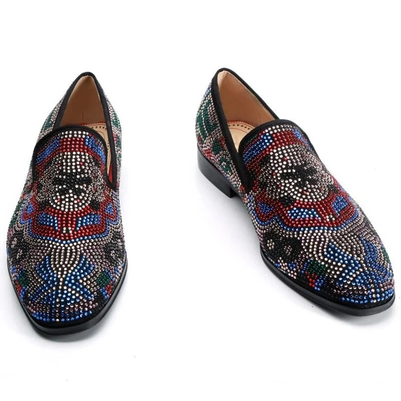 Visco Colorful Rhinestone Wedding Shoes Man Pointed Toe Real Suede Leather Slip On Flats Male Fashion Party Shoes