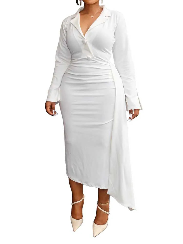 Maxy Plus Size Chubby Dress Curvy Women Solid Color Luxurious Slimming Evening Dresses V Neck Blazer Collar Long Sleeve Elegant Dress