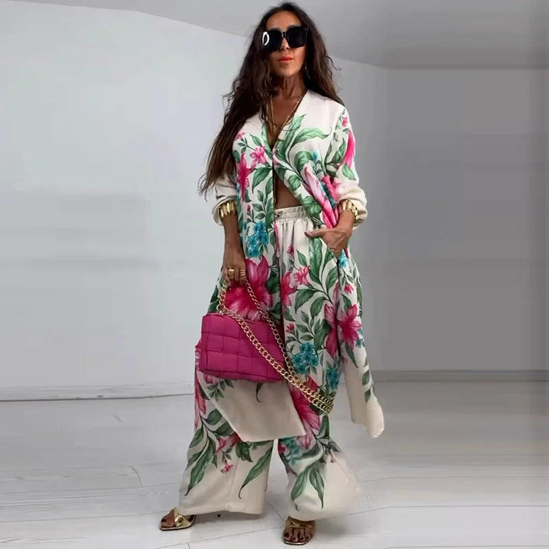 Maxy Business Casual White Tropical Print Long Sleeve Pocket Casual Wide Leg Two Piece Pant Set for Women Autumn Vintage 2 Piece Set