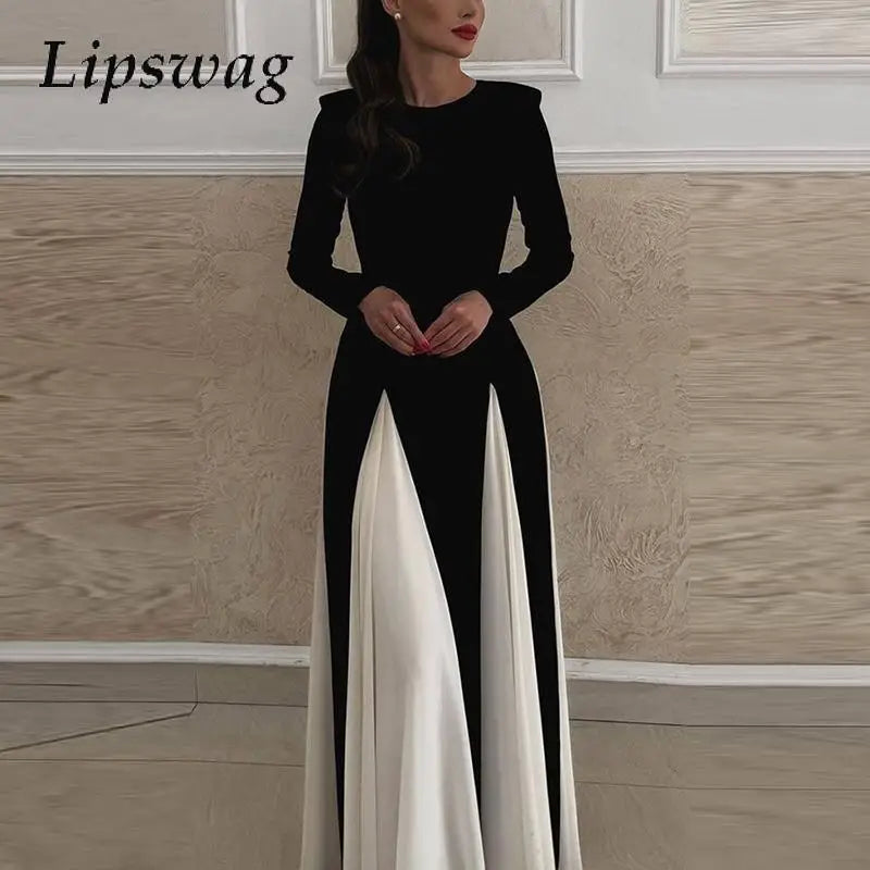 Amay Women Crew Neck Long Sleeve Maxi Dress New Winter Splicing Party Dress Elegant Lady Contract Color Full Length Club Dress