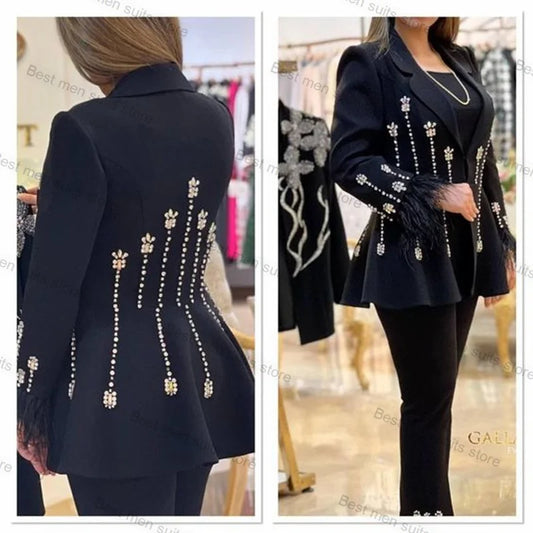 Maxy Black Feather Women Suit Pants Set Blazer+Trousers 2 Piece Wedding Tuxedo Luxury Crystal Jacket Tailored Office Lady Coat