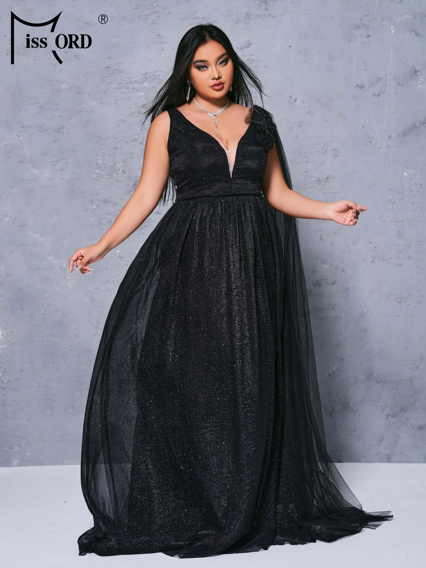 Visco New Black Plus Size Chic Elegant V Neck A Line Evening Gown Large Size Formal Occasion Tulle Dresses